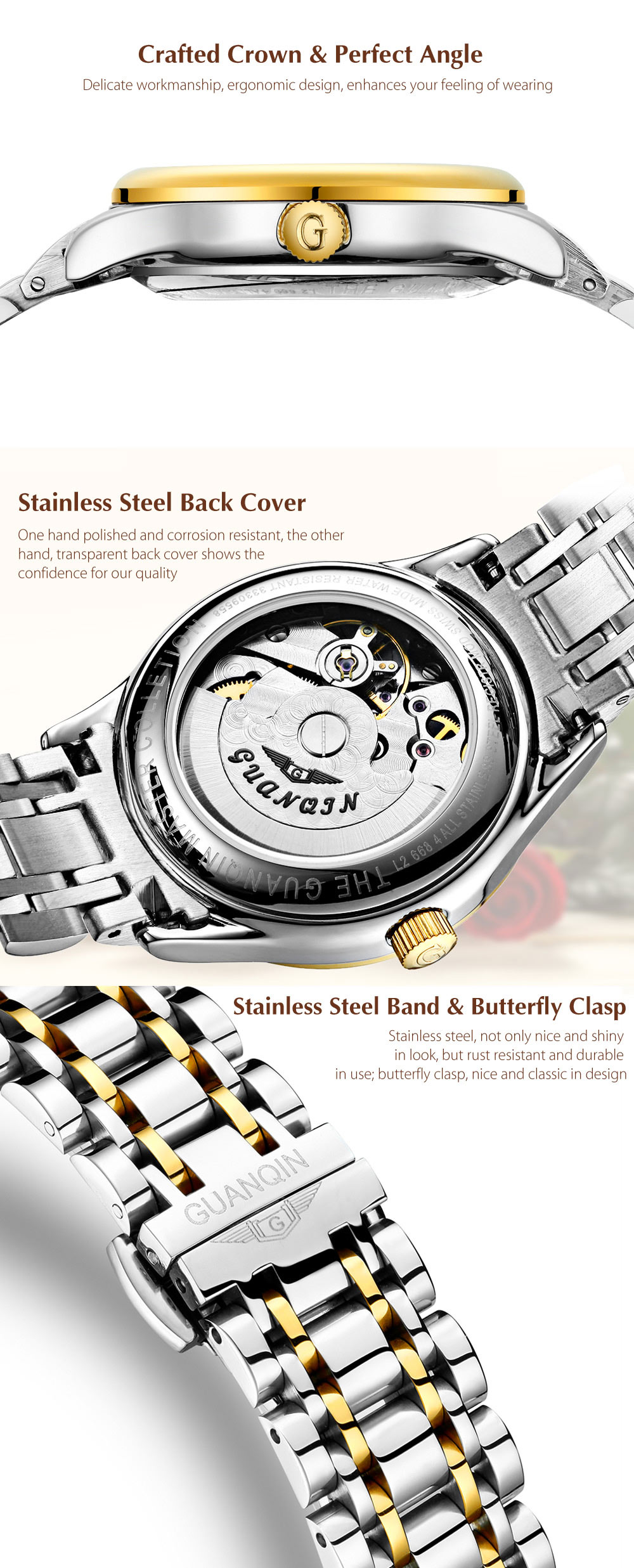 GUANQIN GJ18004 Women Auto Mechanical Watch Date Display Sapphire Mirror 3ATM Wristwatch