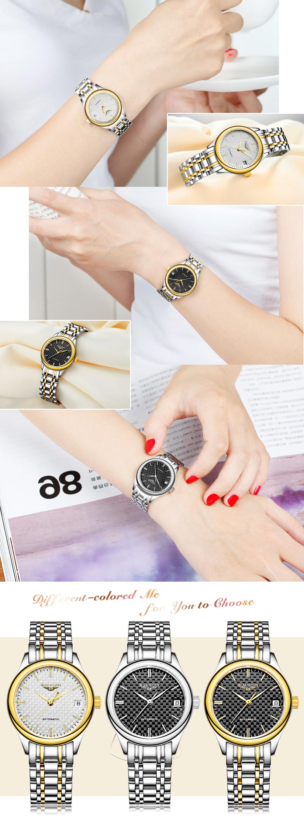 GUANQIN GJ18004 Women Auto Mechanical Watch Date Display Sapphire Mirror 3ATM Wristwatch