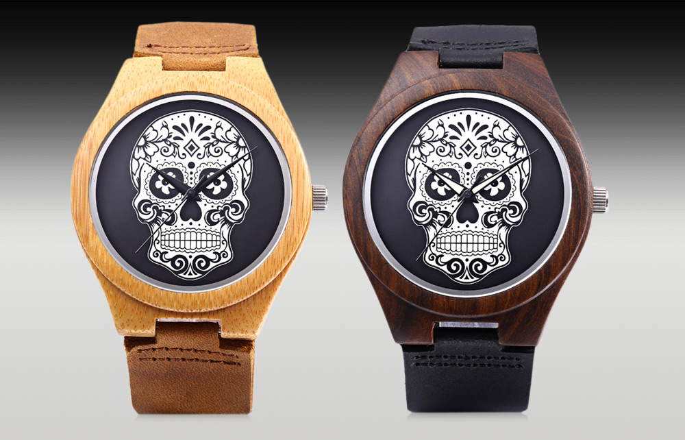 REDEAR Men Quartz Watch Skull Pattern Dial Imported Movt Wooden Case Wristwatch