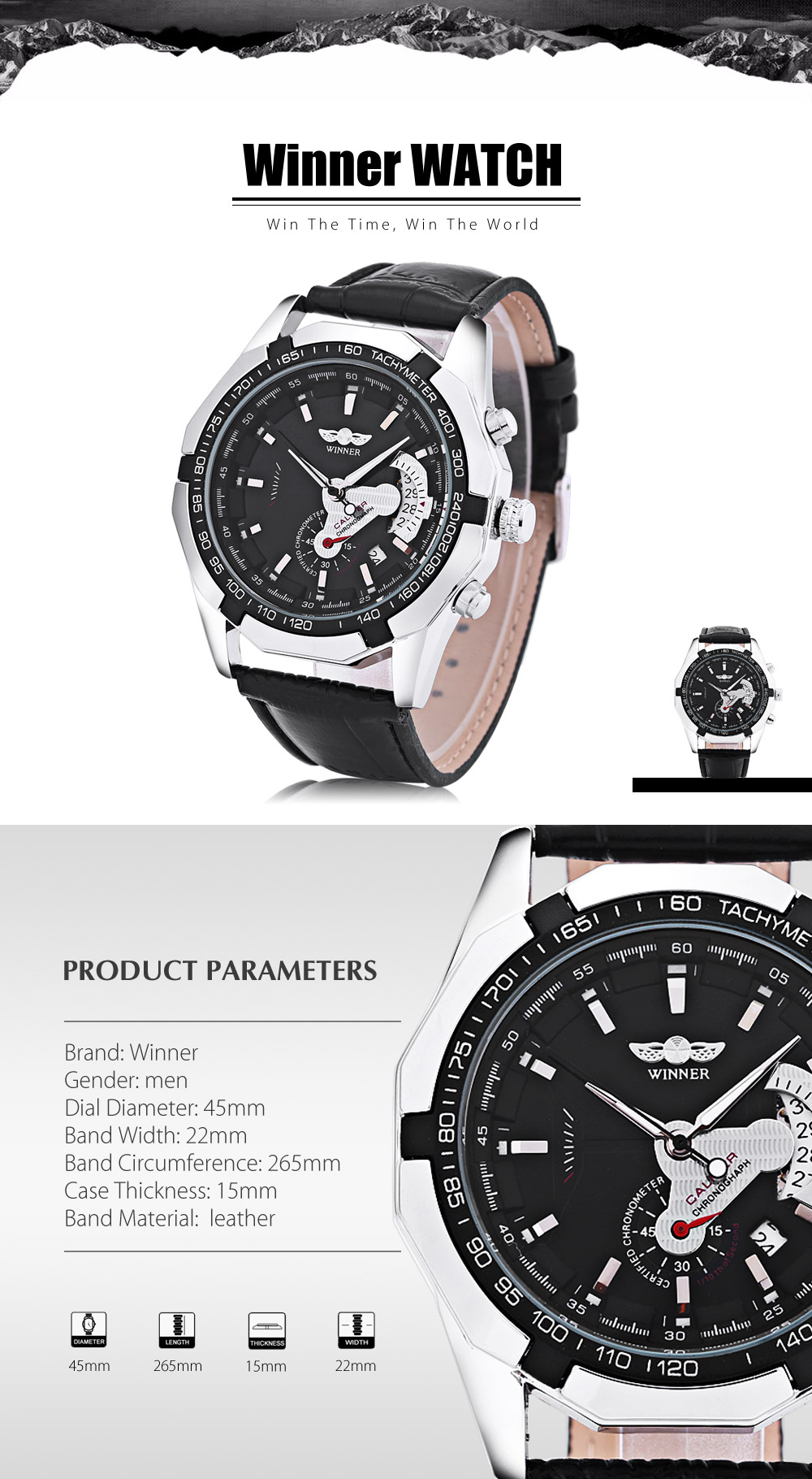 Winner F120535 Men Auto Mechanical Watch Calendar Luminous Wristwatch
