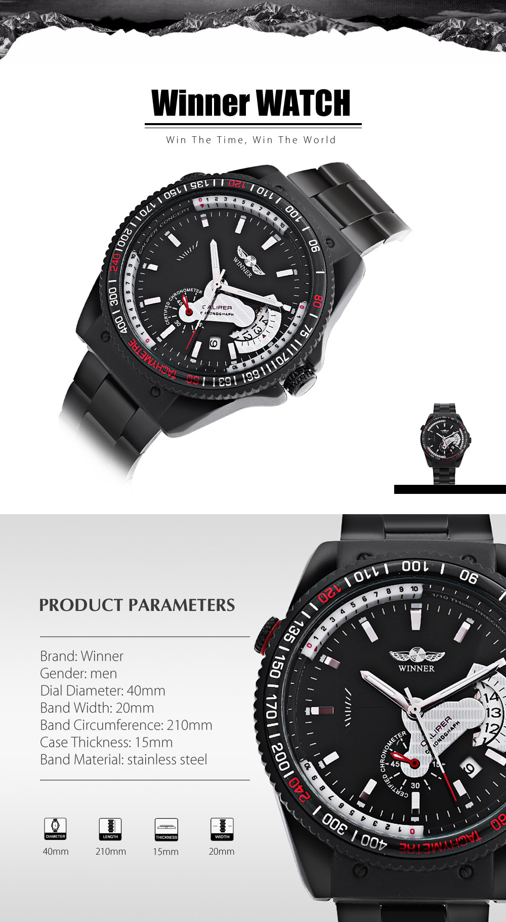 Winner F120594 Men Auto Mechanical Watch Calendar Luminous Wristwatch