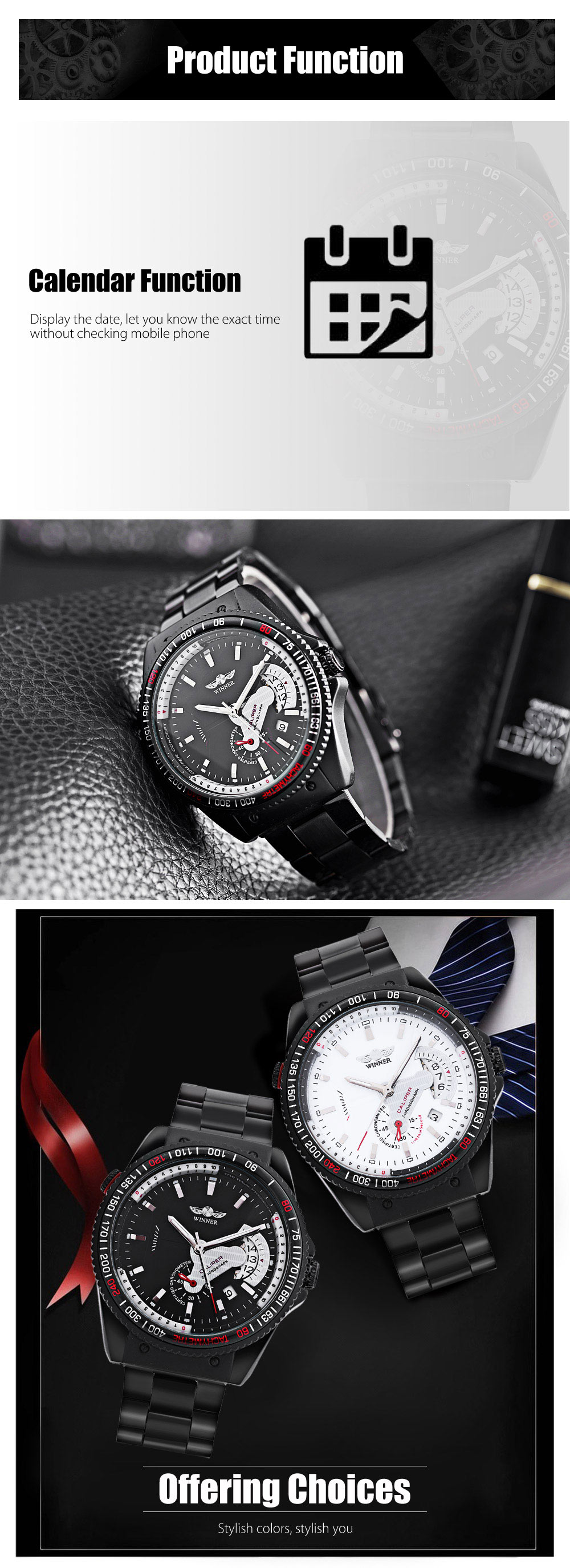 Winner F120594 Men Auto Mechanical Watch Calendar Luminous Wristwatch