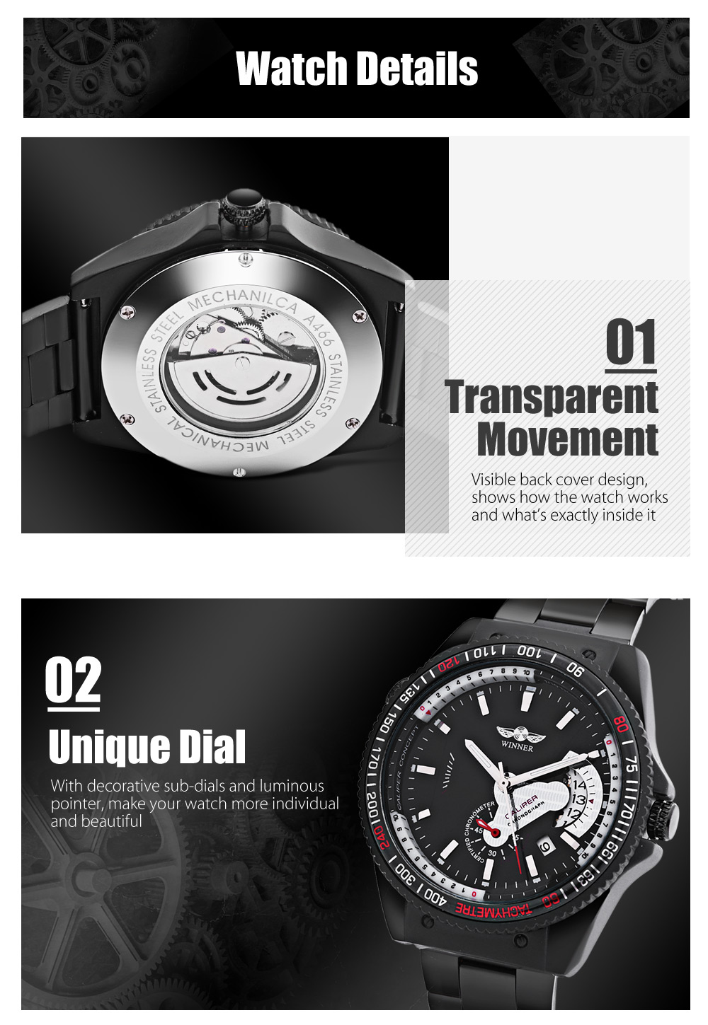 Winner F120594 Men Mechanical Watch Date Display Luminous Stainless ...