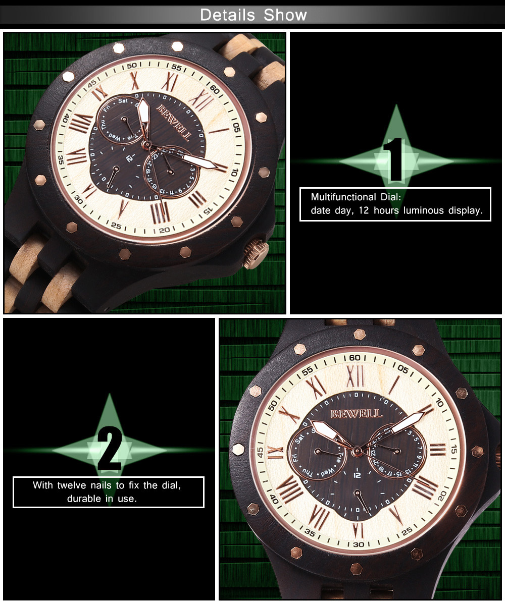 BEWELL ZS - W116C Men Wooden Quartz Watch Roman Numerals Scale Calendar Luminous Wristwatch