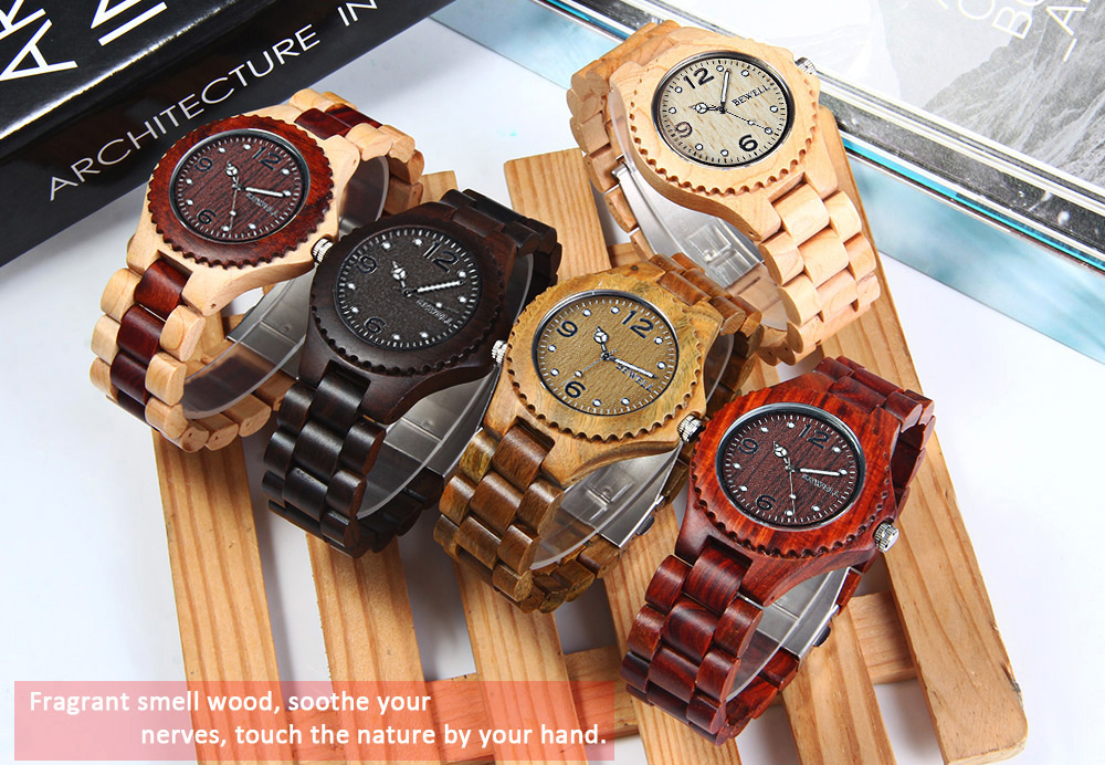 BEWELL ZS-W038A Sandalwood Wooden Unisex Quartz Watch Round Dial Wood Band