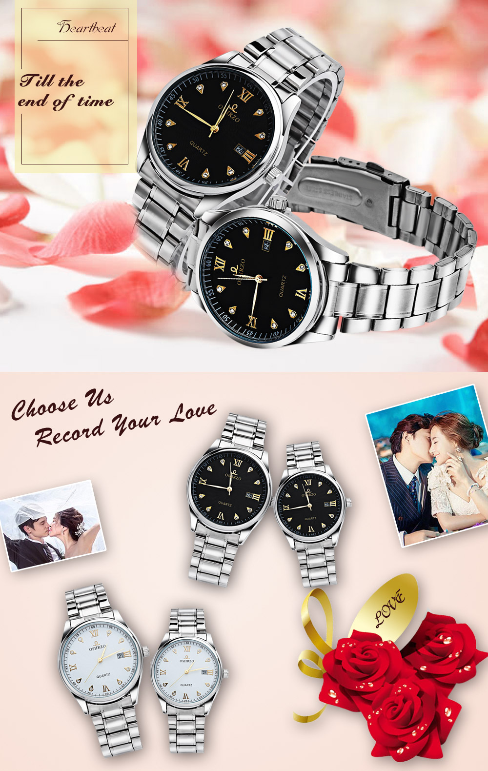 OSHRZO Couple Quartz Watch Artificial Diamond Date Display Stainless Steel Band Wristwatch