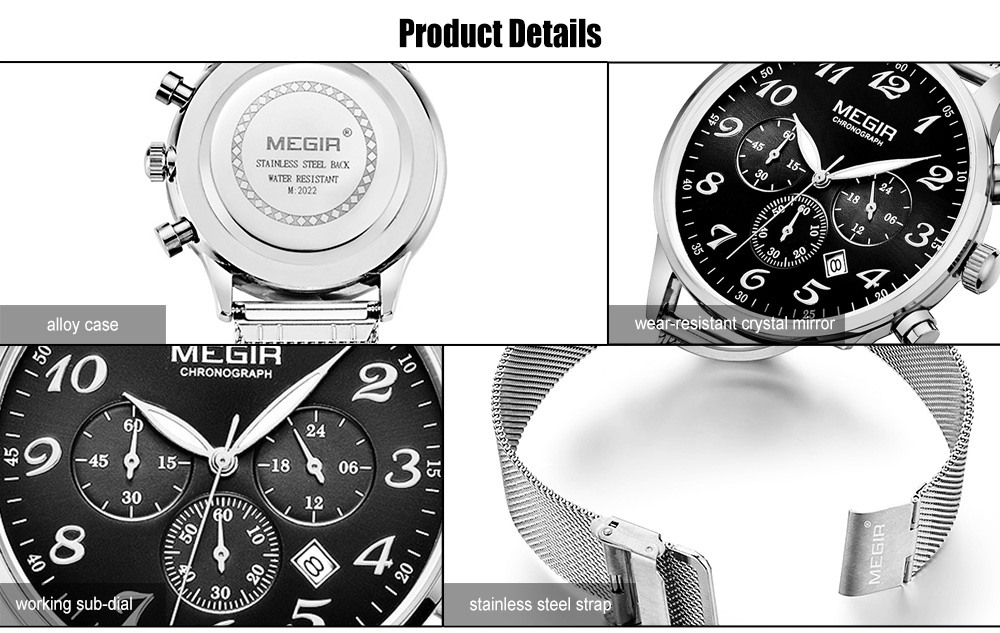 MEGIR 2022 Casual Working Sub-dial Male Quartz Watch with Stainless Steel Net Strap