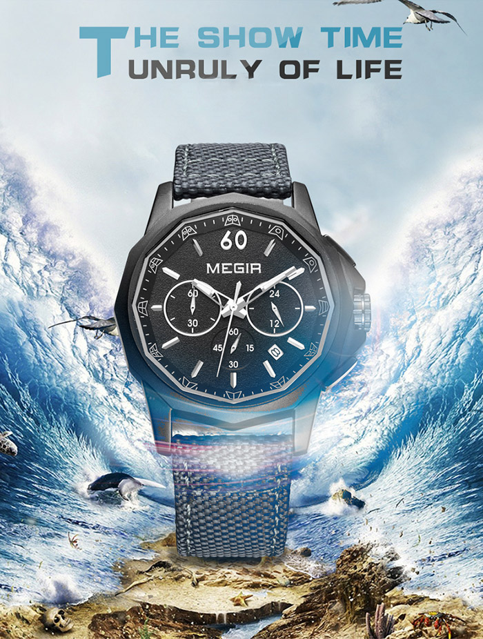 MEGIR 2033 Casual Working Sub-dial Wristwatch Canvas Strap Male Quartz Watch
