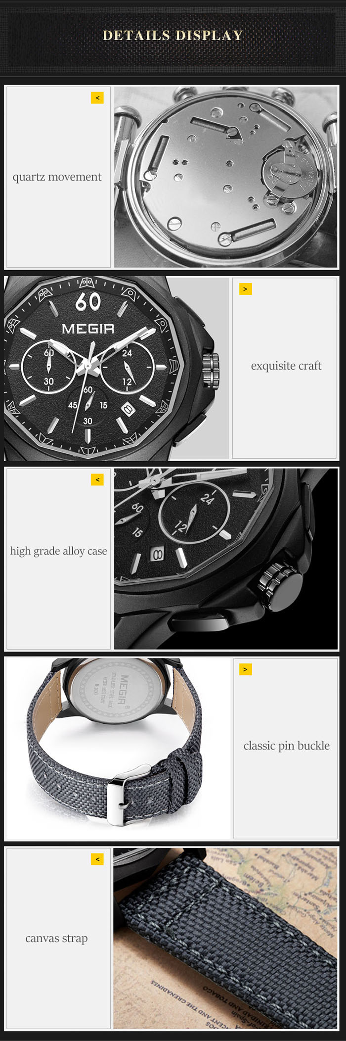 MEGIR 2033 Casual Working Sub-dial Wristwatch Canvas Strap Male Quartz Watch