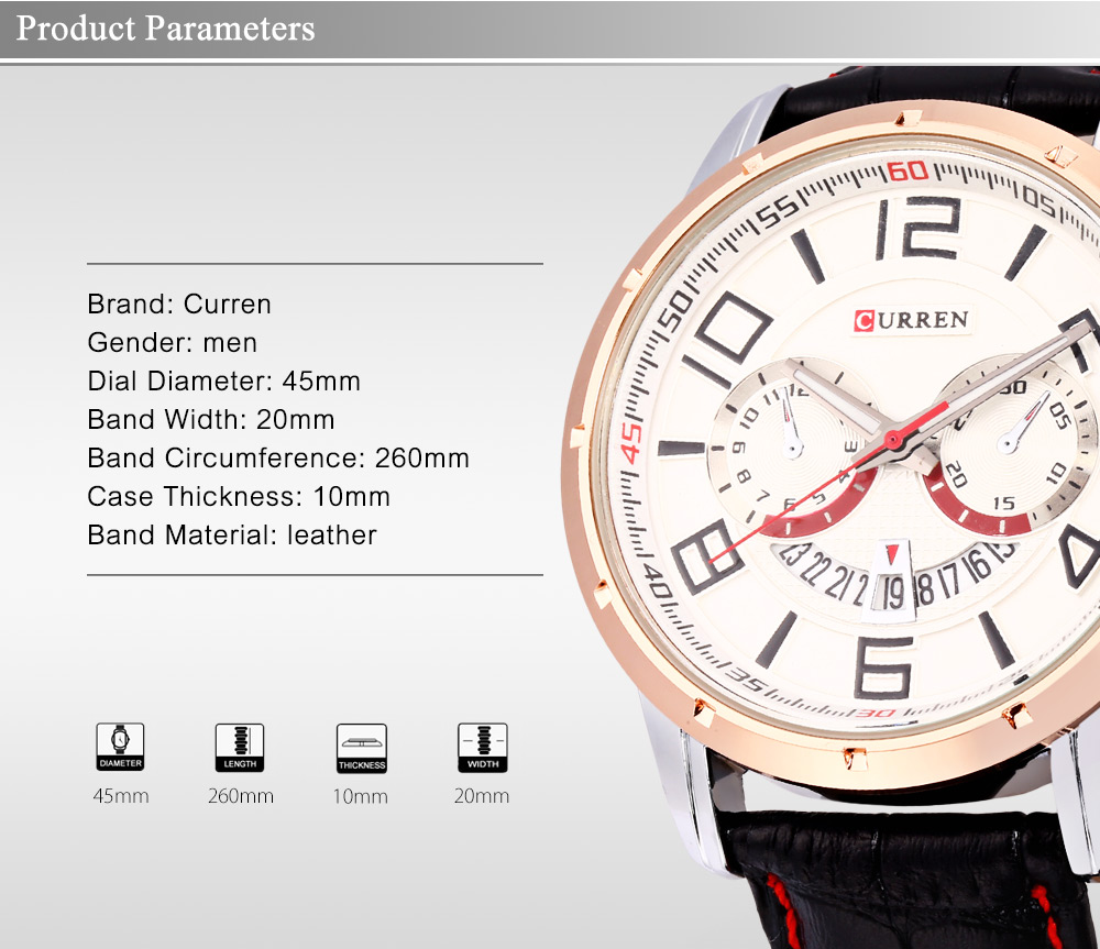 Curren 8140 Male Calendar Quartz Watch Luminous Men Wristwatch