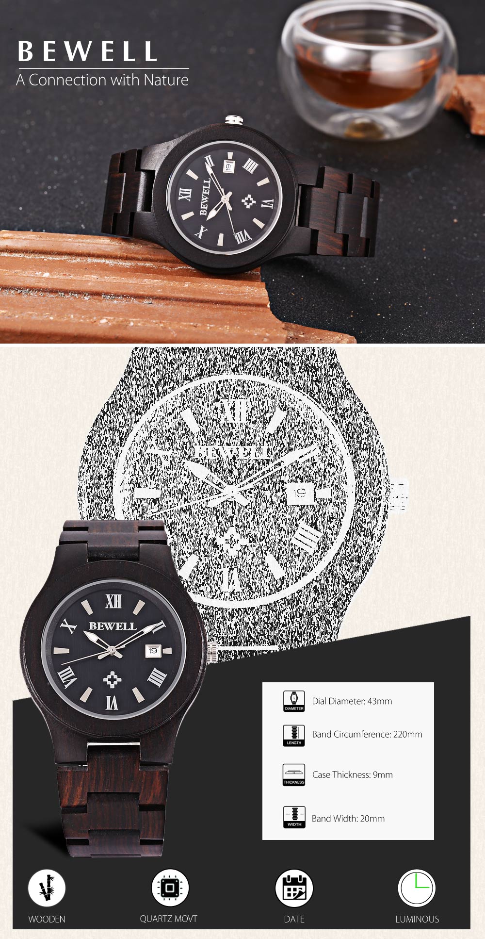 Bewell ZS - W127A Men Quartz Watch Wooden Case Date Luminous Display Japan Movt Wristwatch
