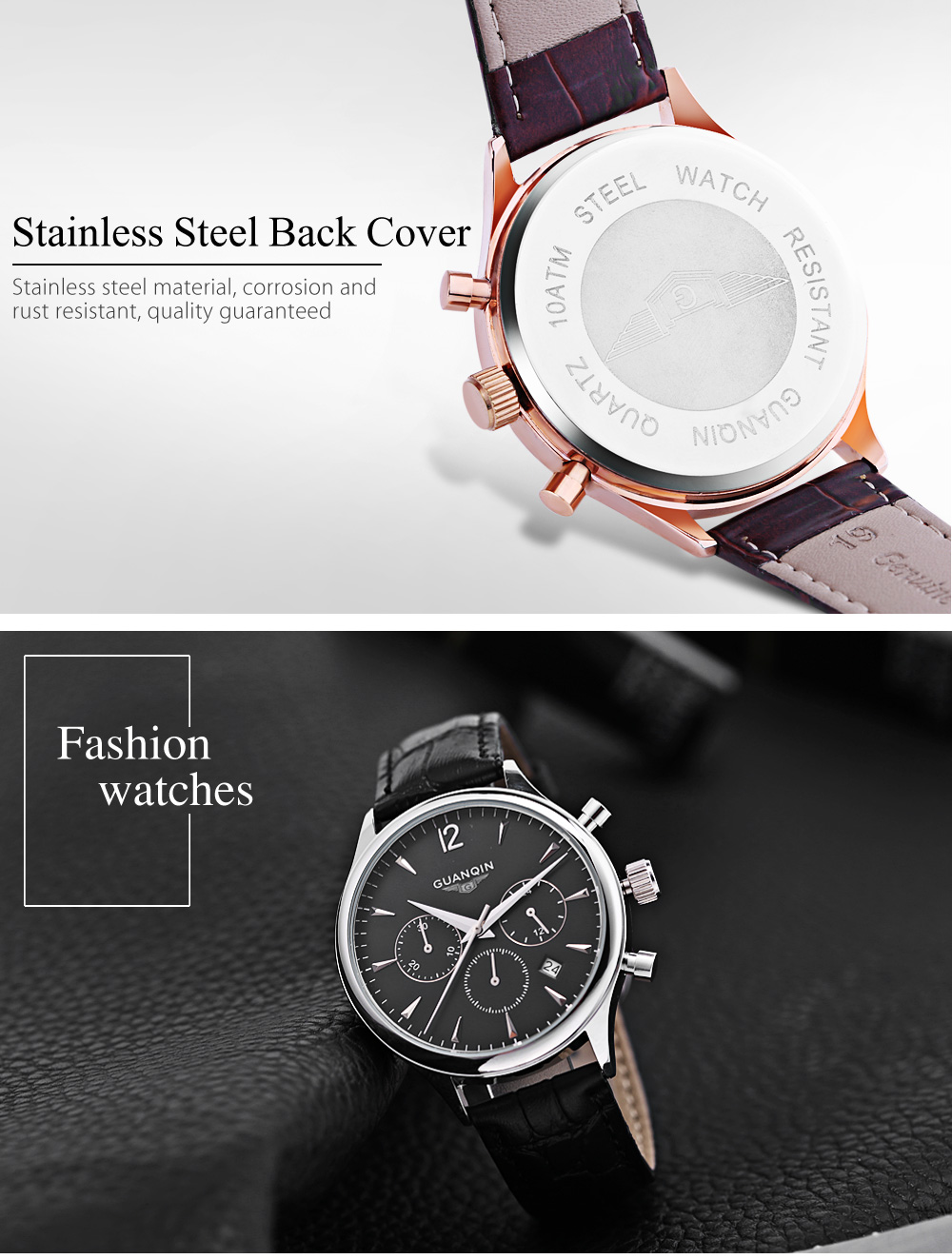 GUANQIN GS19023 Men Quartz Watch Decorative Sub-dial Date 3ATM Genuine Leather Band Wristwatch