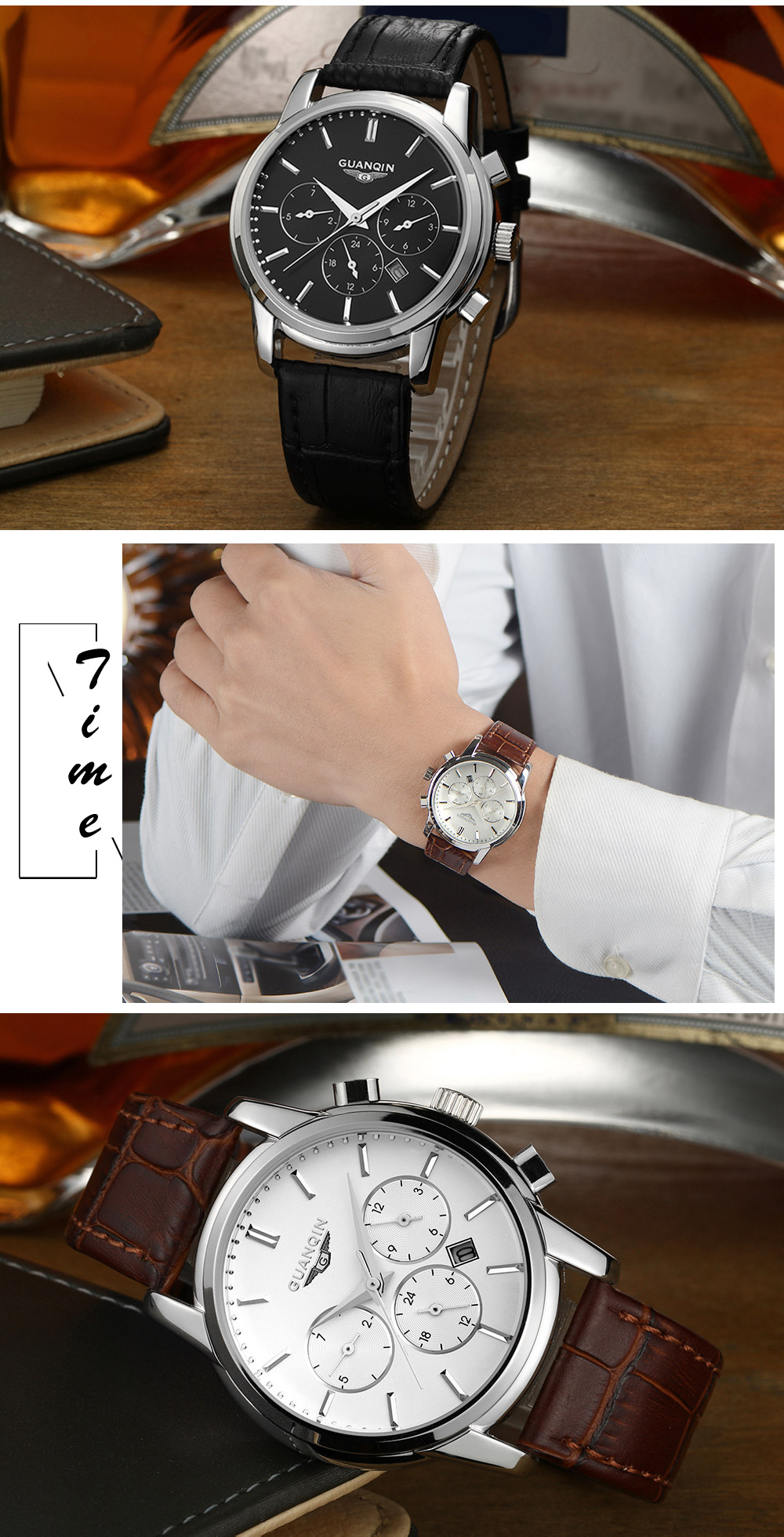 GUANQIN GQ12005 Men Quartz Watch Working Sub-dial Date 3ATM Genuine Leather Band Wristwatch