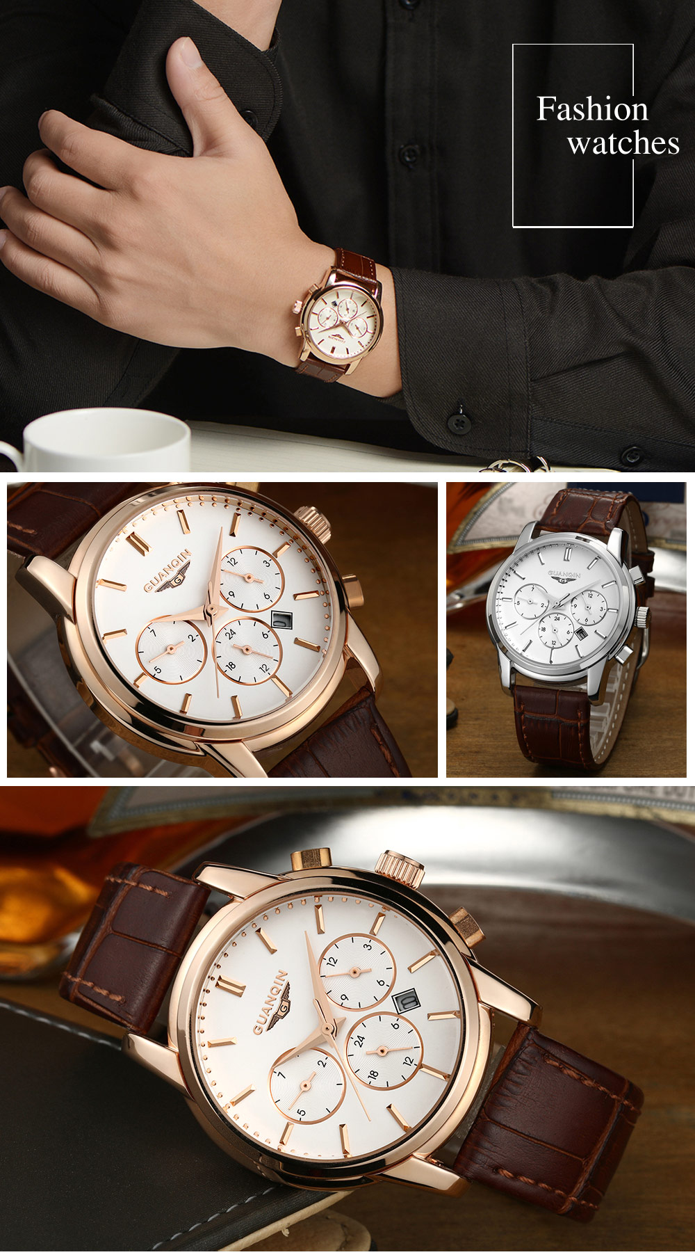 GUANQIN GQ12005 Men Quartz Watch Working Sub-dial Date 3ATM Genuine Leather Band Wristwatch