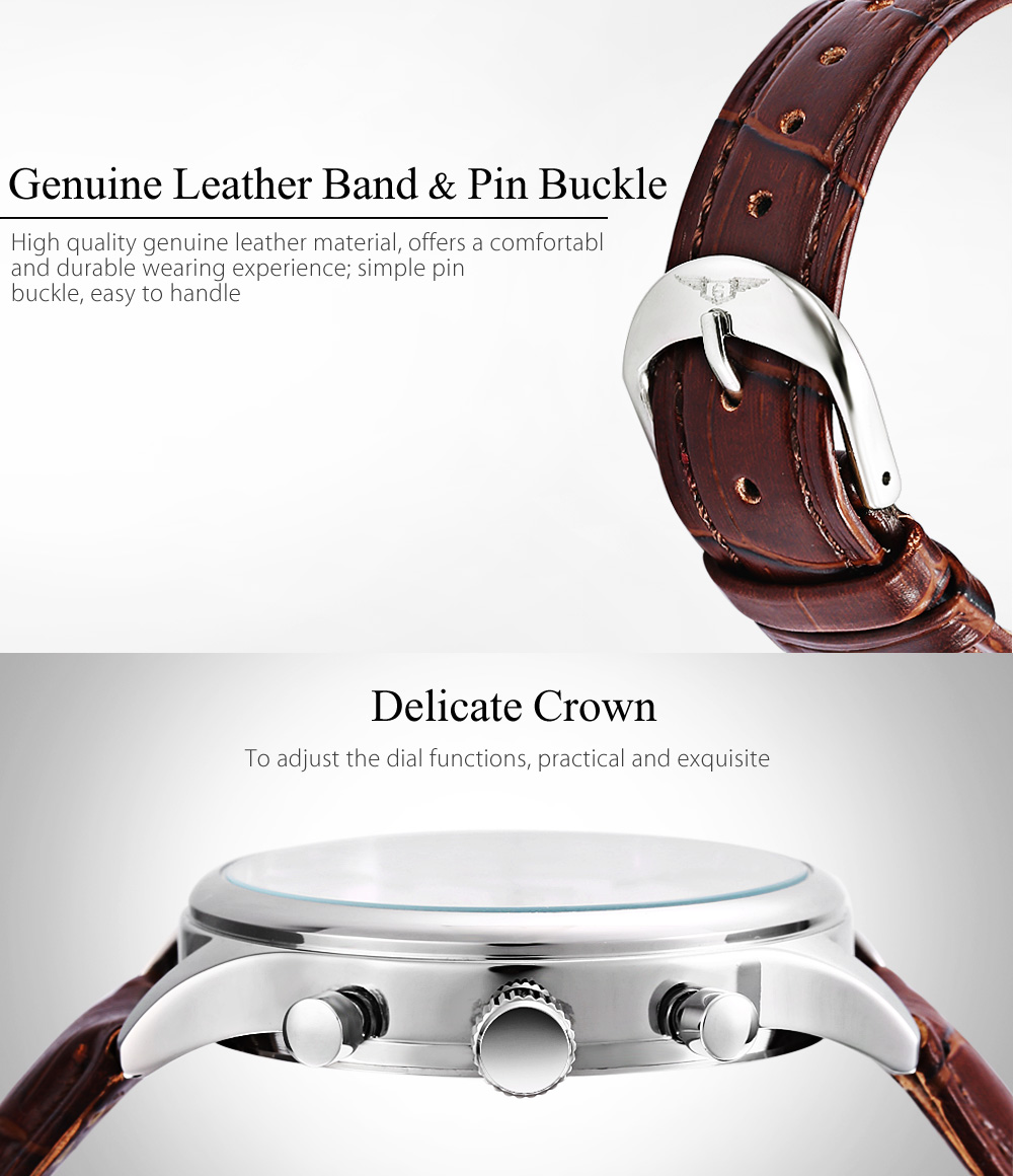 GUANQIN GQ001 Men Quartz Watch Working Sub-dial Date 3ATM Genuine Leather Band Wristwatch