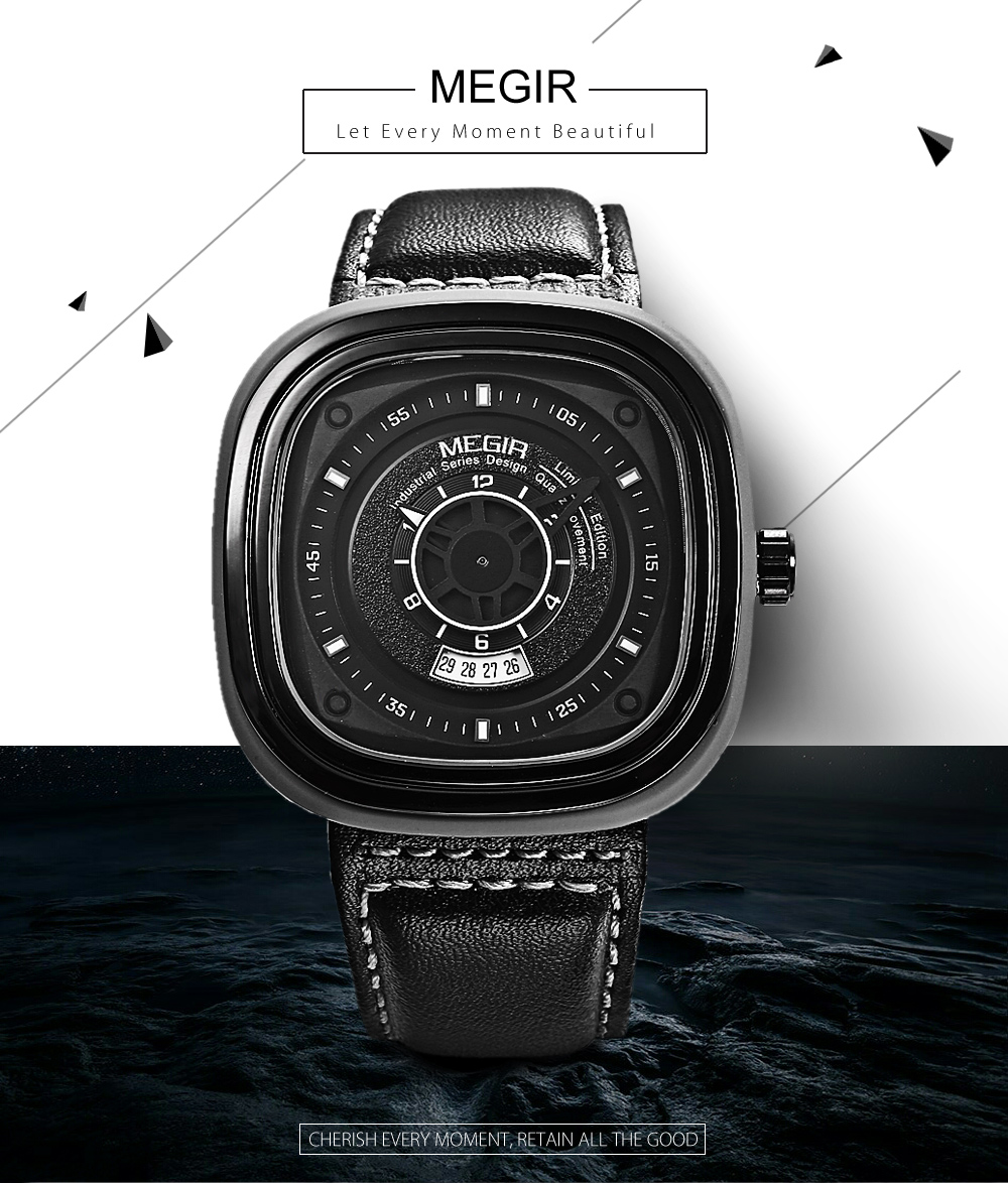 MEGIR ML2027 Male Quartz Watch Square Case Calendar Men Wristwatch