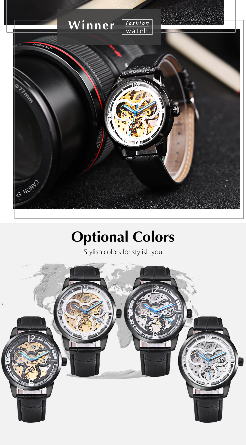 Winner 275 Male Auto Mechanical Watch Wheel Pattern Dial Men Wristwatch