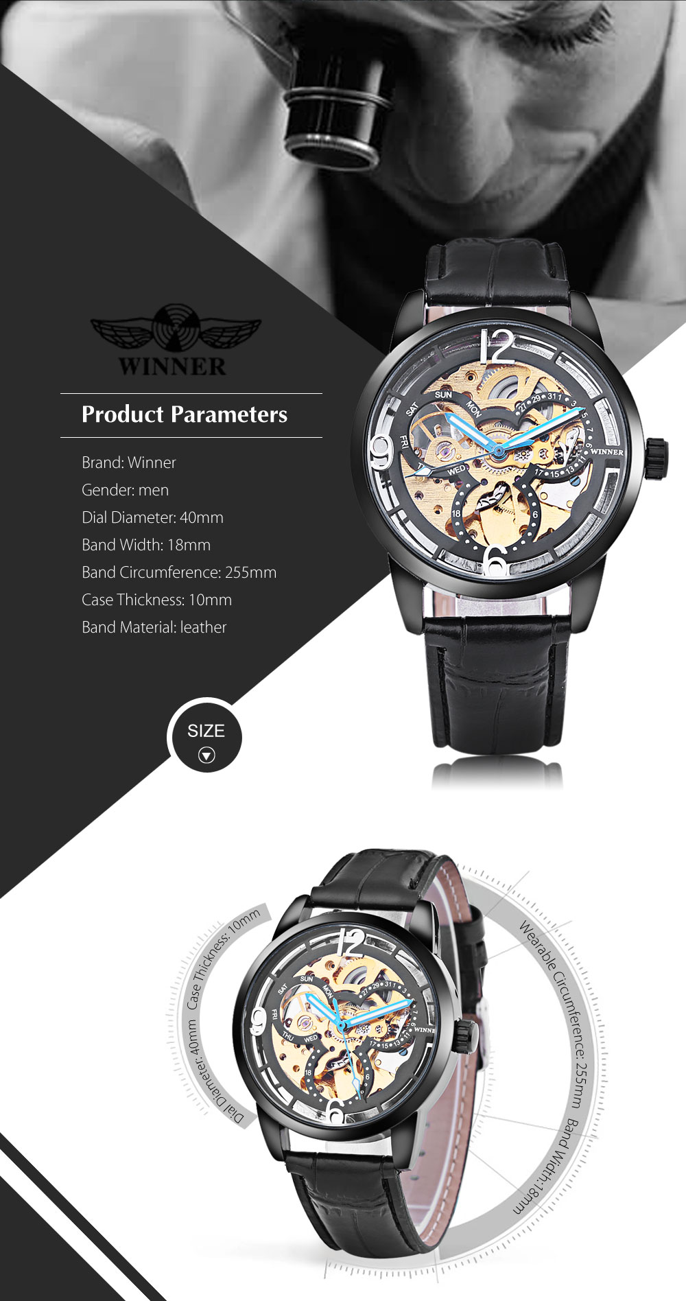 Winner 275 Male Auto Mechanical Watch Wheel Pattern Dial Men Wristwatch