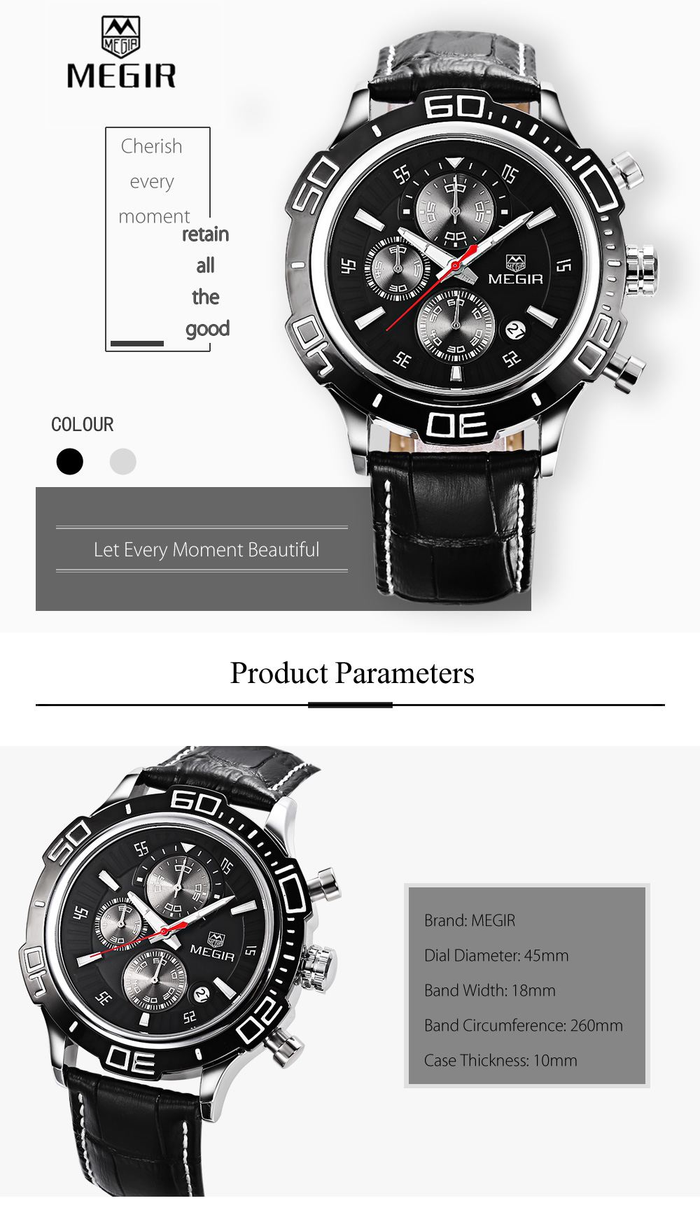 MEGIR ML2019 Male Quartz Watch Chronograph Sub-dial Calendar Men Wristwatch