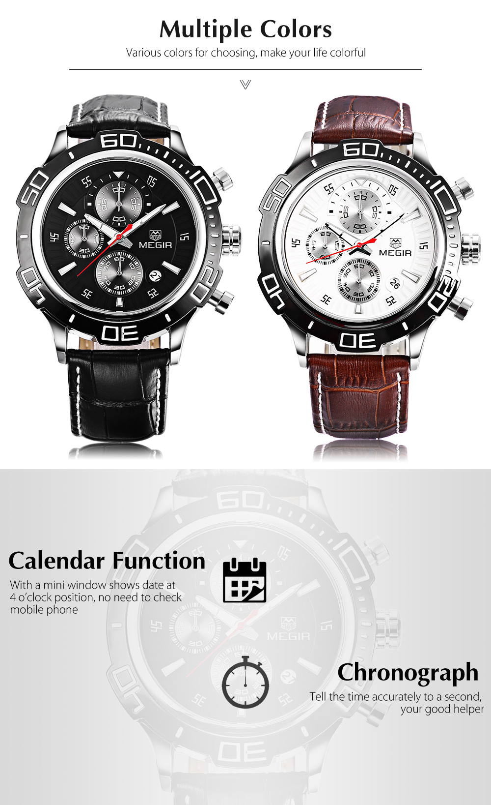MEGIR ML2019 Male Quartz Watch Chronograph Sub-dial Calendar Men Wristwatch
