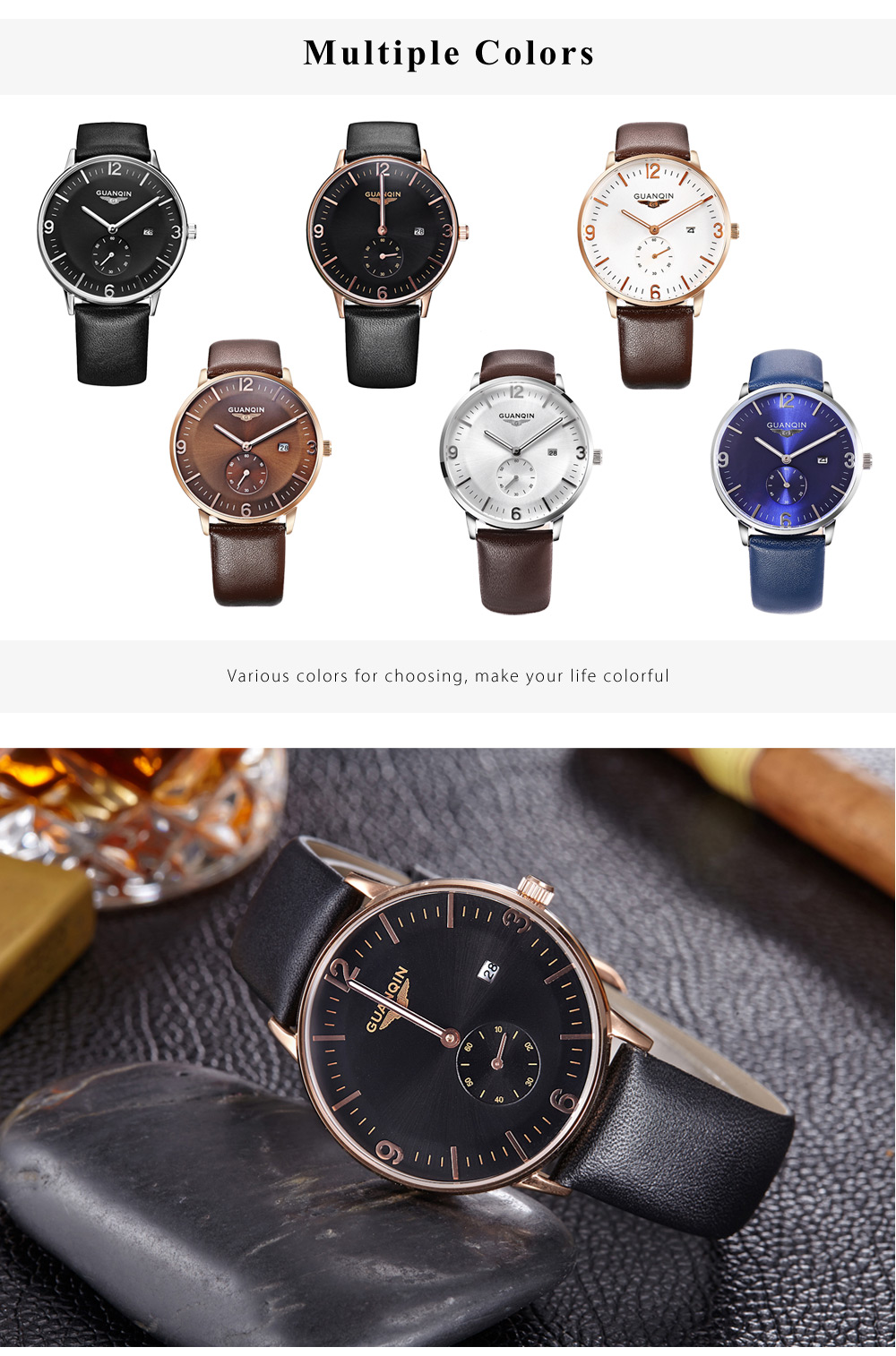 GUANQIN GQ13007 Male Quartz Watch Stopwatch Calendar Men Wristwatch