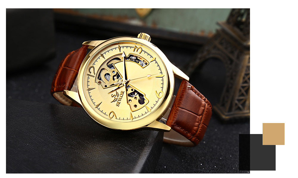SEWOR SW031 Mechanical Hollow Dial Male Watch Leather Band Luminous Wristwatch