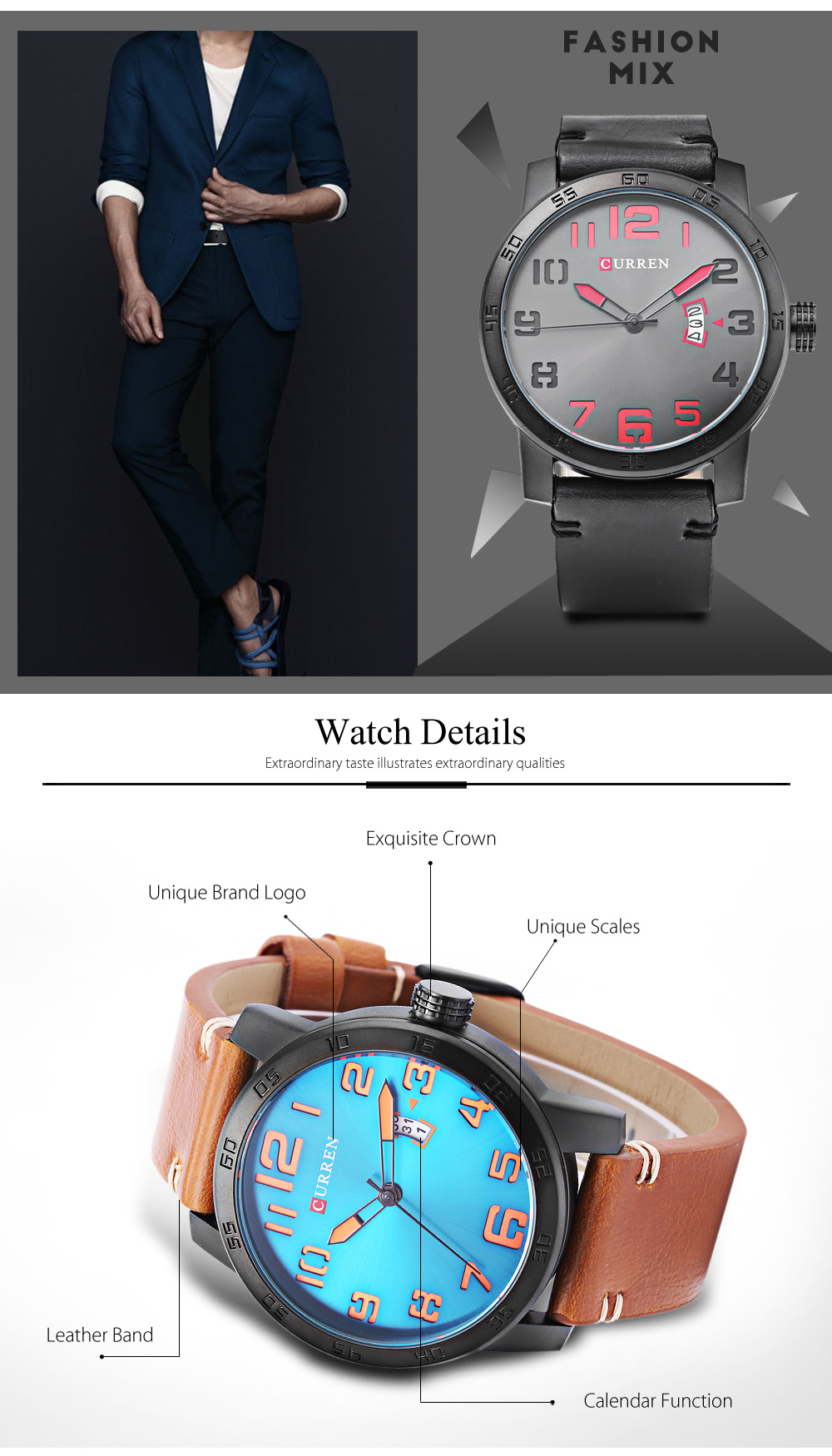 Curren 8254 Male Quartz Watch Calendar Leather Band Men Wristwatch