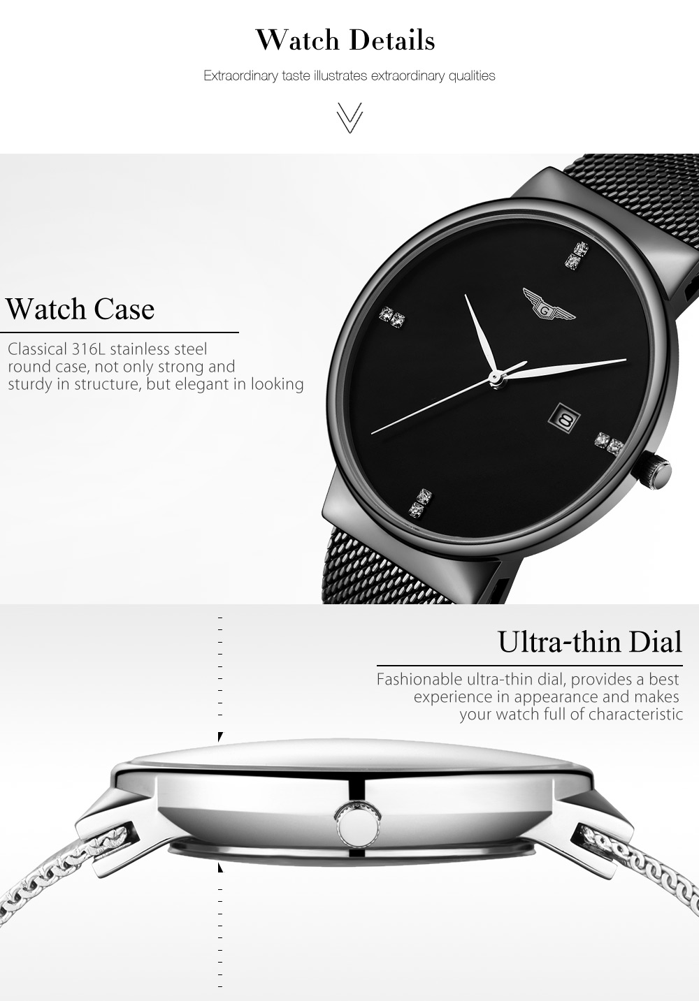 GUANQIN GS19054 Male Quartz Watch Calendar Artificial Diamond Scales Men Wristwatch