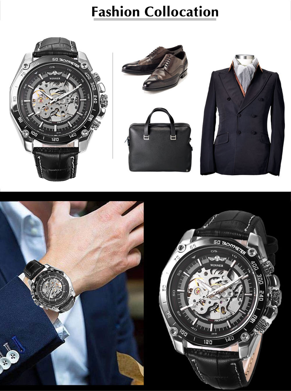 Winner 427 Male Auto Mechanical Watch Luminous Leather Band Wristwatch