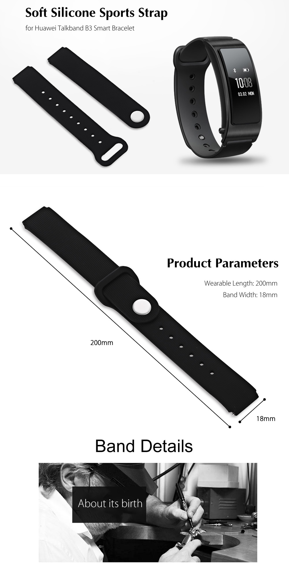 18mm Silicone Band Strap Buckle Wristband for Huawei Talkband B3 Smart Bracelet