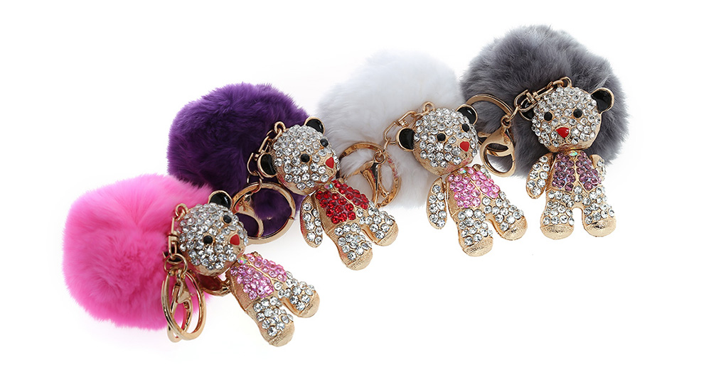 Fashion Alloy Diamond Cute Bear Plush Keychain Car Key Ring for Pendant Handbag