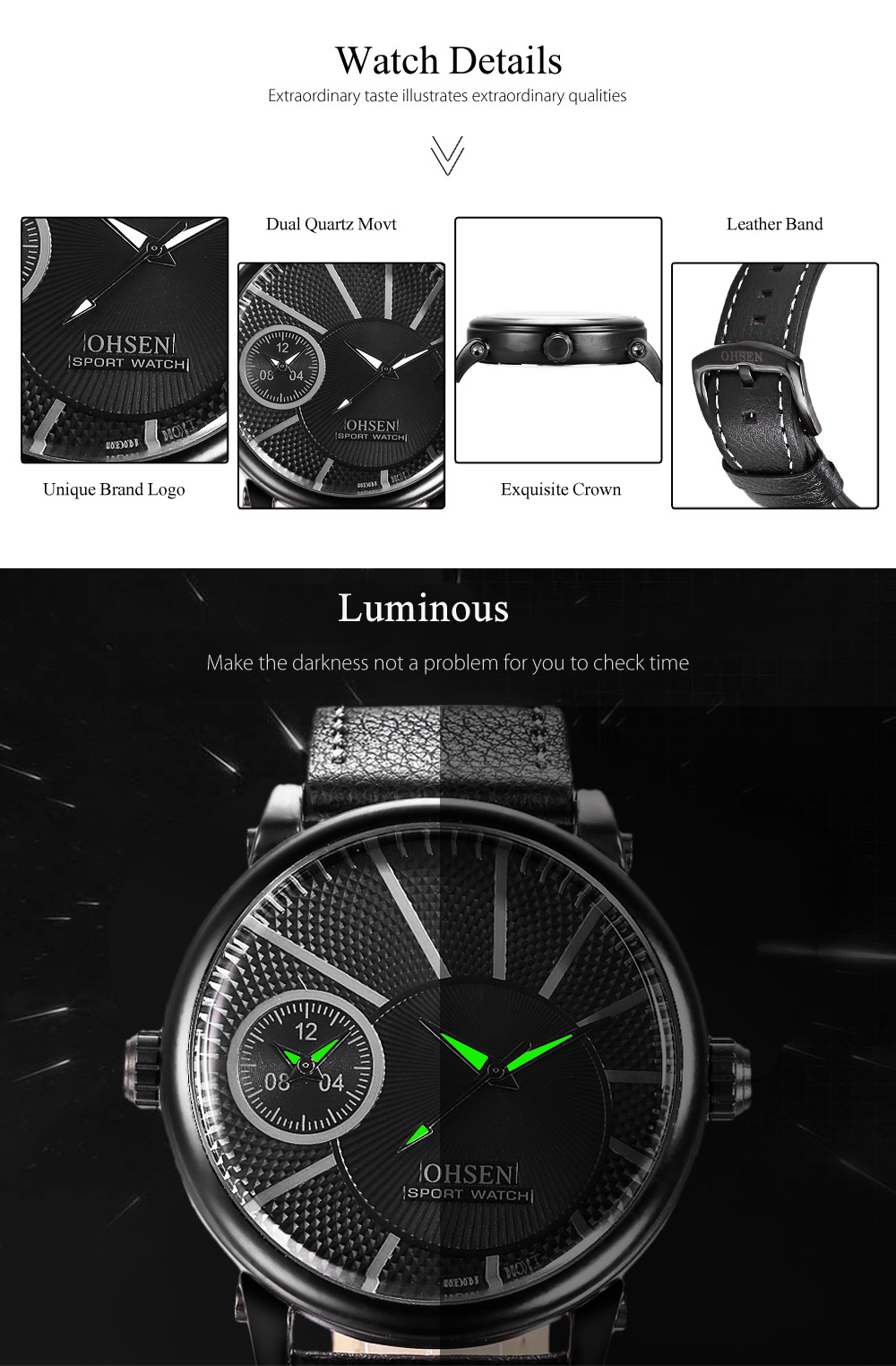 OHSEN TX2903 Men Dual Quartz Watch Luminous Pointer 3ATM Leather Band Wristwatch