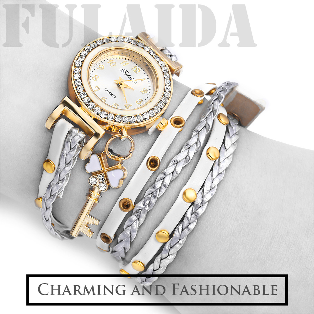 FULAIDA Women Quartz Watch Leather Band Rhinestone Bracelet Wristwatch