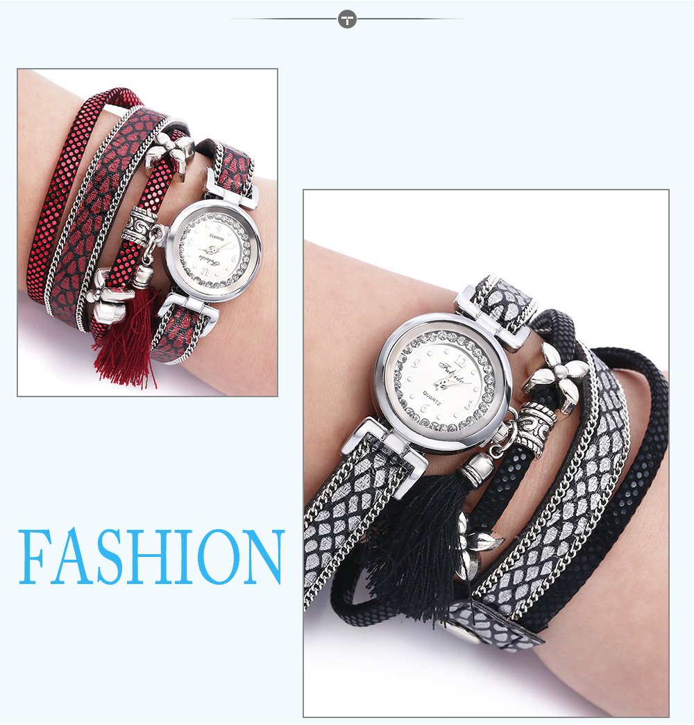 FULAIDA Women Quartz Watch Leather Band Rhinestone Tassel Decoration Wristwatch