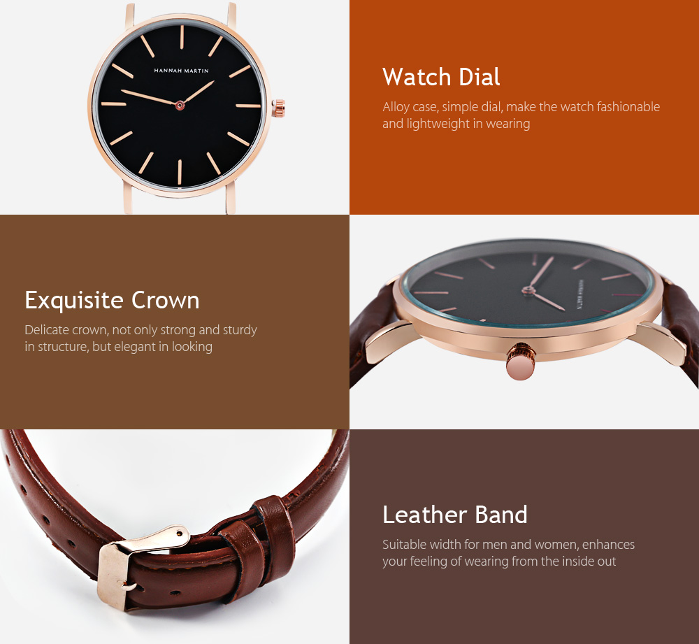 Hannah Martin HM - 1230 Unisex Quartz Watch Leather Band Wristwatch