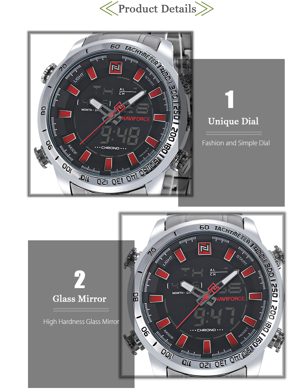 Men Dual Movt Watch Luminous Alarm Calendar Chronograph 3ATM Wristwatch