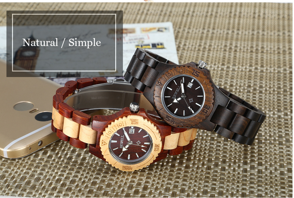 BEWELL ZS - W020A Women Wooden Quartz Watch Nail Scale Calendar Wristwatch