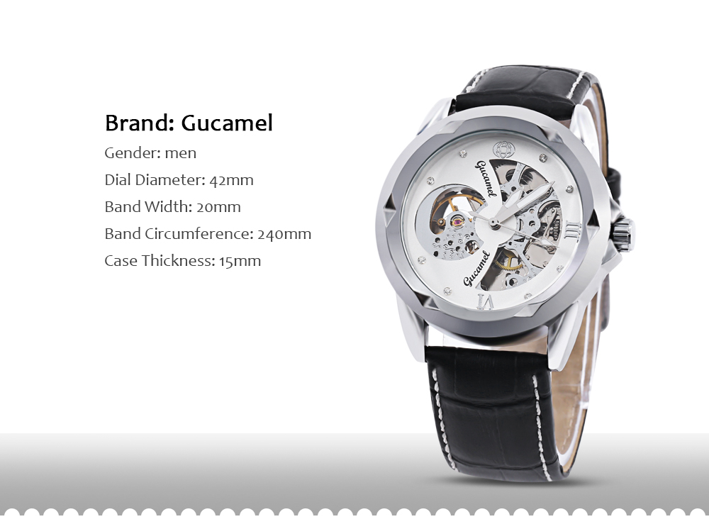 Gucamel G013 Men Auto Mechanical Watch Hollow Dial Luminous Leather Band Wristwatch