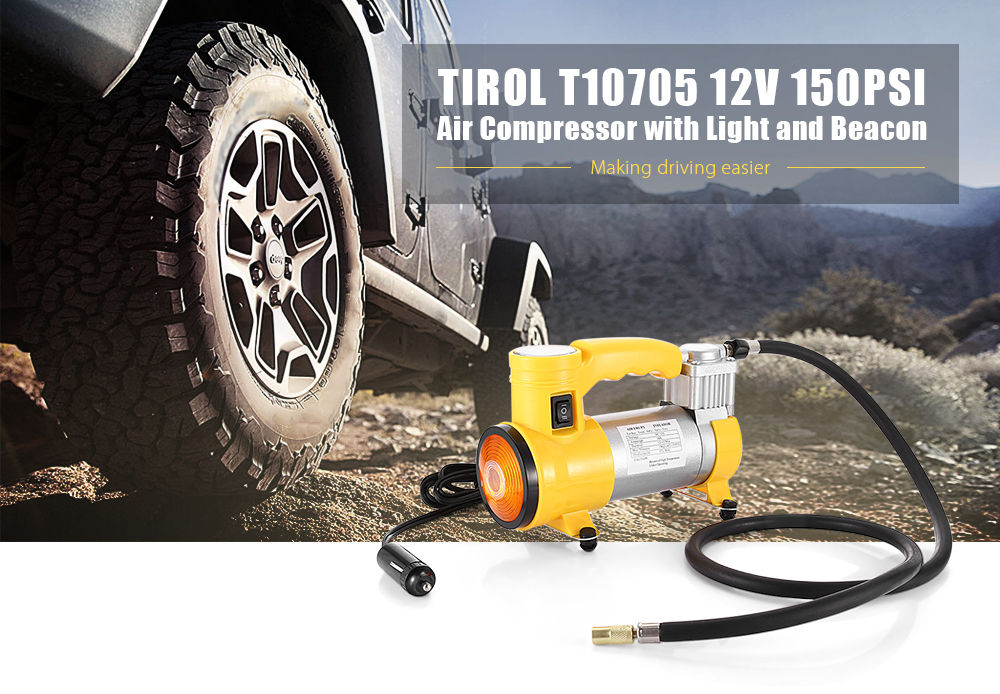 TIROL T10705 Portable Super Flow 12V 150PSI Air Compressor Inflatable Pump with Light and Beacon