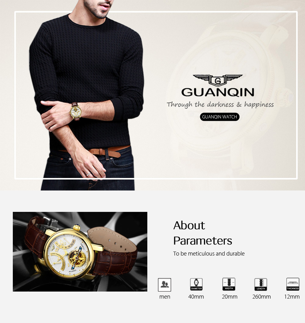 GUANQIN GJ16009 Men Automatic Mechanical Watch Dual Calendar 10ATM Transparent Movt Wristwatch