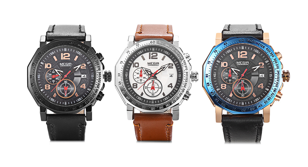 MEGIR ML2048 Male Quartz Watch Calendar Leather Strap Men Wristwatch
