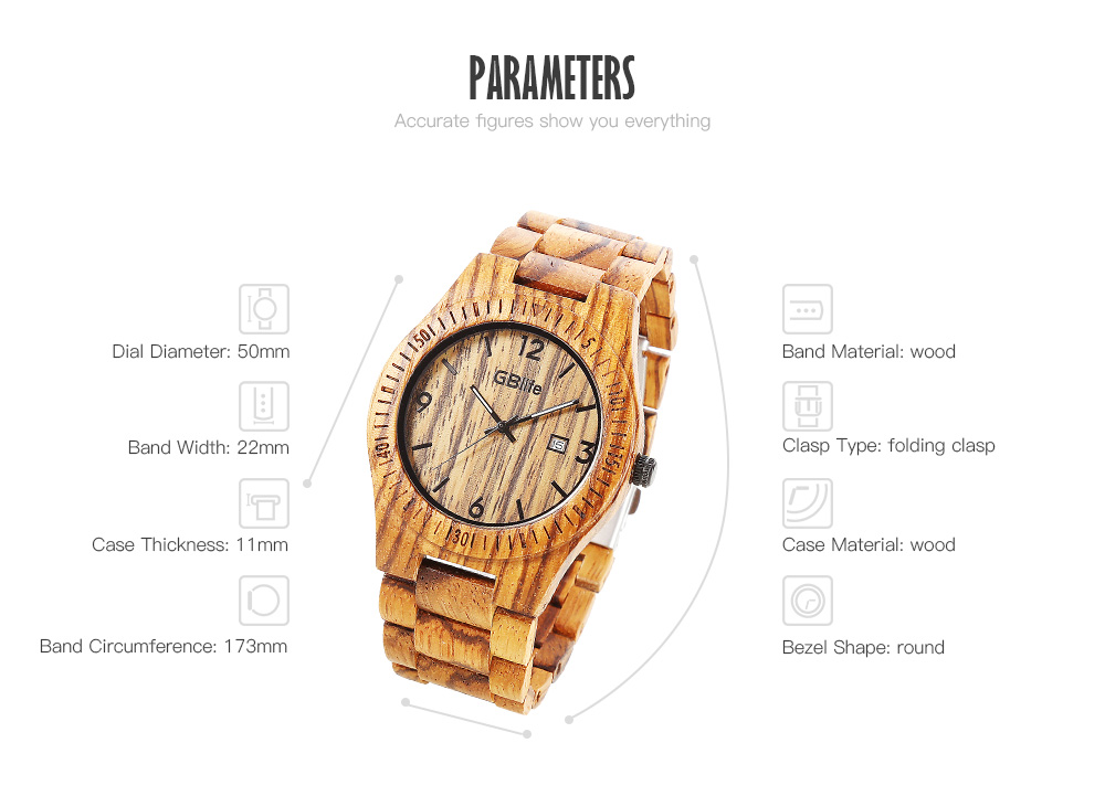 GBlife GM86 - 02 Wood Men Quartz Watch Wooden Calendar Male Wristwatch
