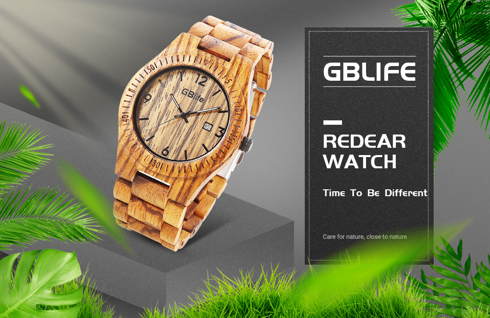 GBlife GM86 - 02 Wood Men Quartz Watch Wooden Calendar Male Wristwatch