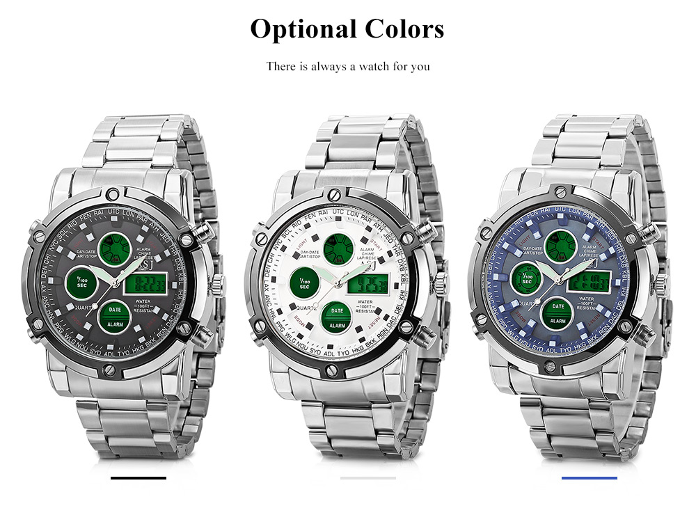 ASJ B42 Dual Movt Sports LED Watch Calendar Stopwatch Alarm Men Wristwatch