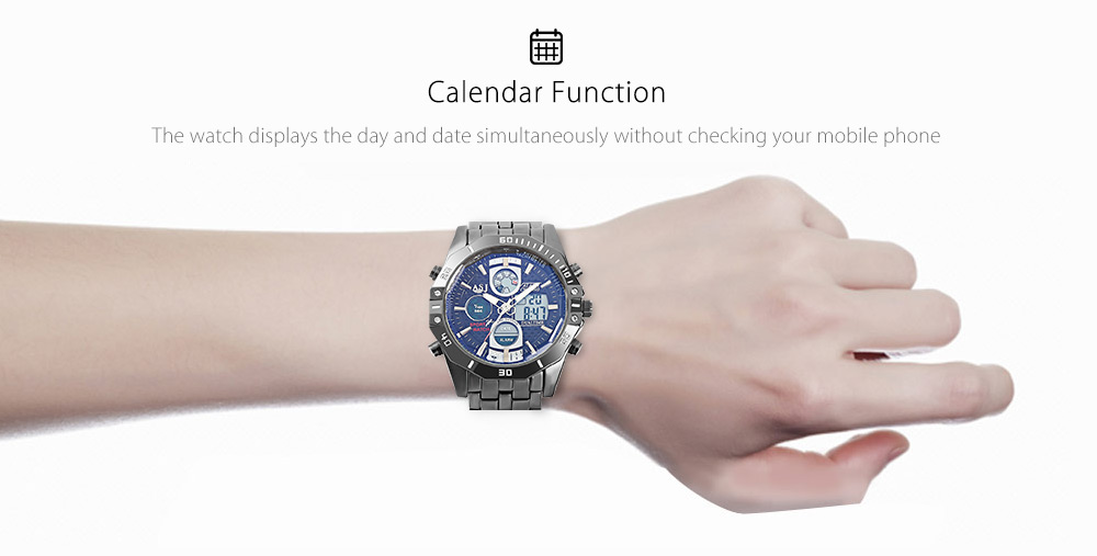 ASJ B17B Dual Movt Sports LED Male Watch Calendar Stopwatch Alarm Men Wristwatch