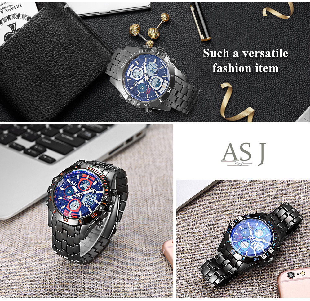 ASJ B17B Dual Movt Sports LED Male Watch Calendar Stopwatch Alarm Men Wristwatch