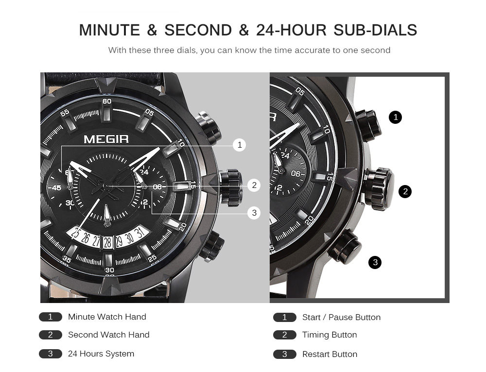 MEGIR ML2047 Male Quartz Watch Calendar Stopwatch Men Wristwatch