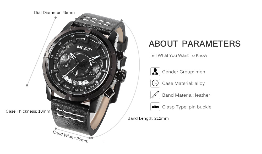 MEGIR ML2047 Male Quartz Watch Calendar Stopwatch Men Wristwatch