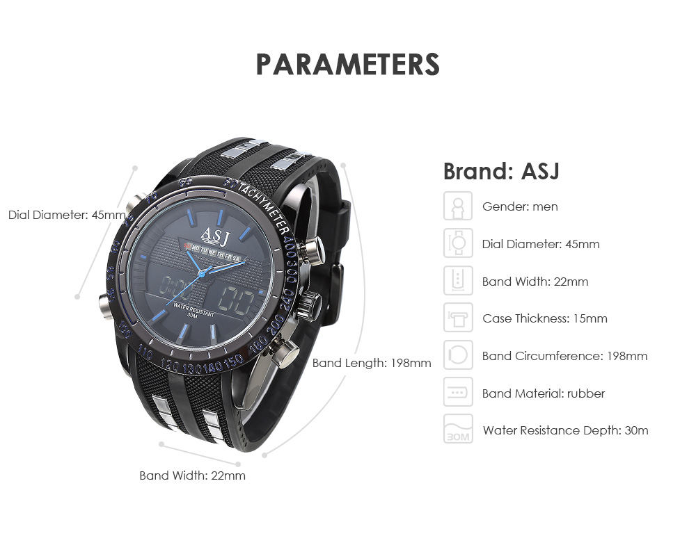 ASJ 8150 Dual Movt Sports LED Male Watch Calendar Stopwatch Alarm Men Wristwatch