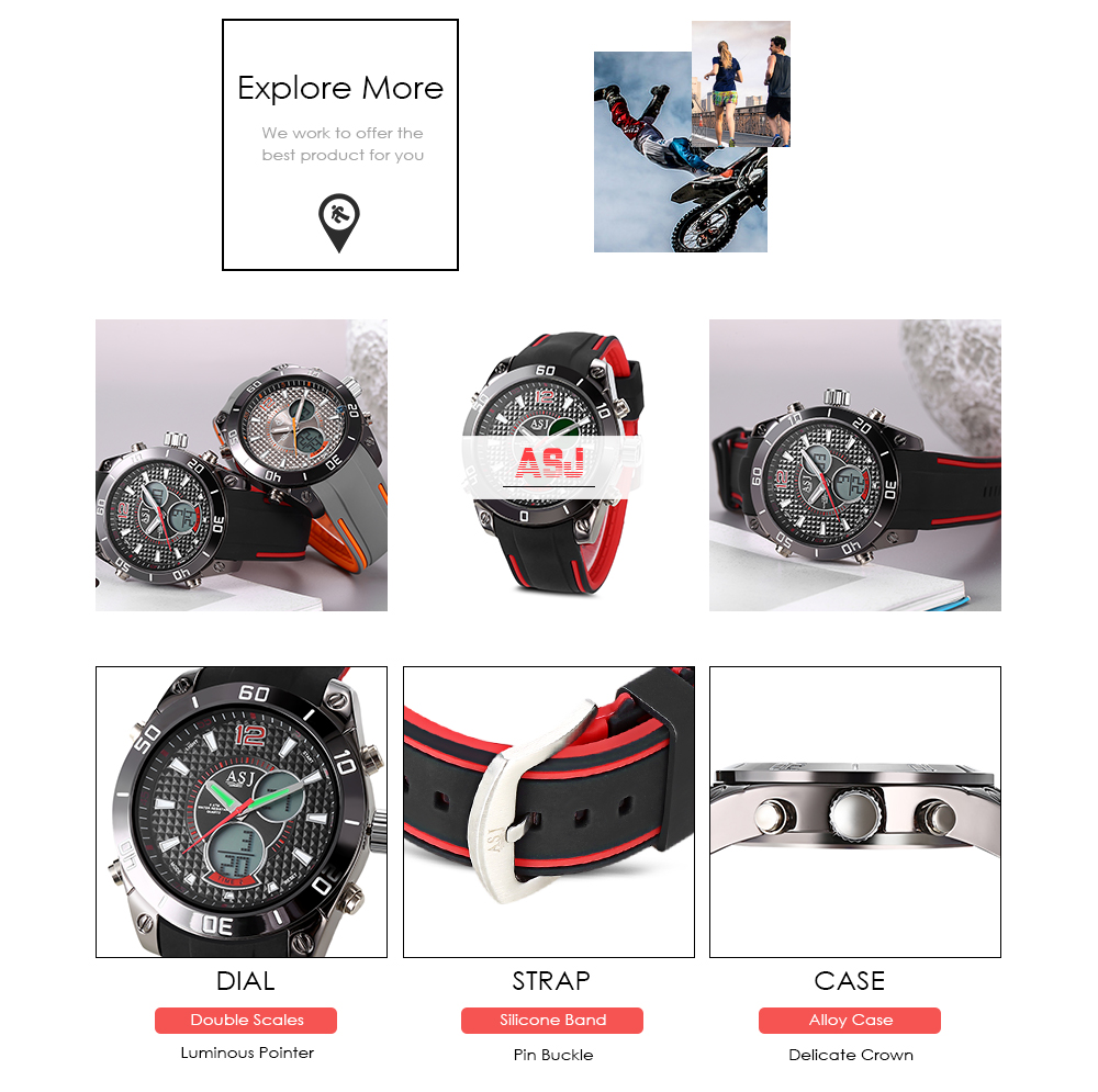 ASJ B046 Dual Movt Sports LED Male Watch Calendar Stopwatch Alarm Men Wristwatch